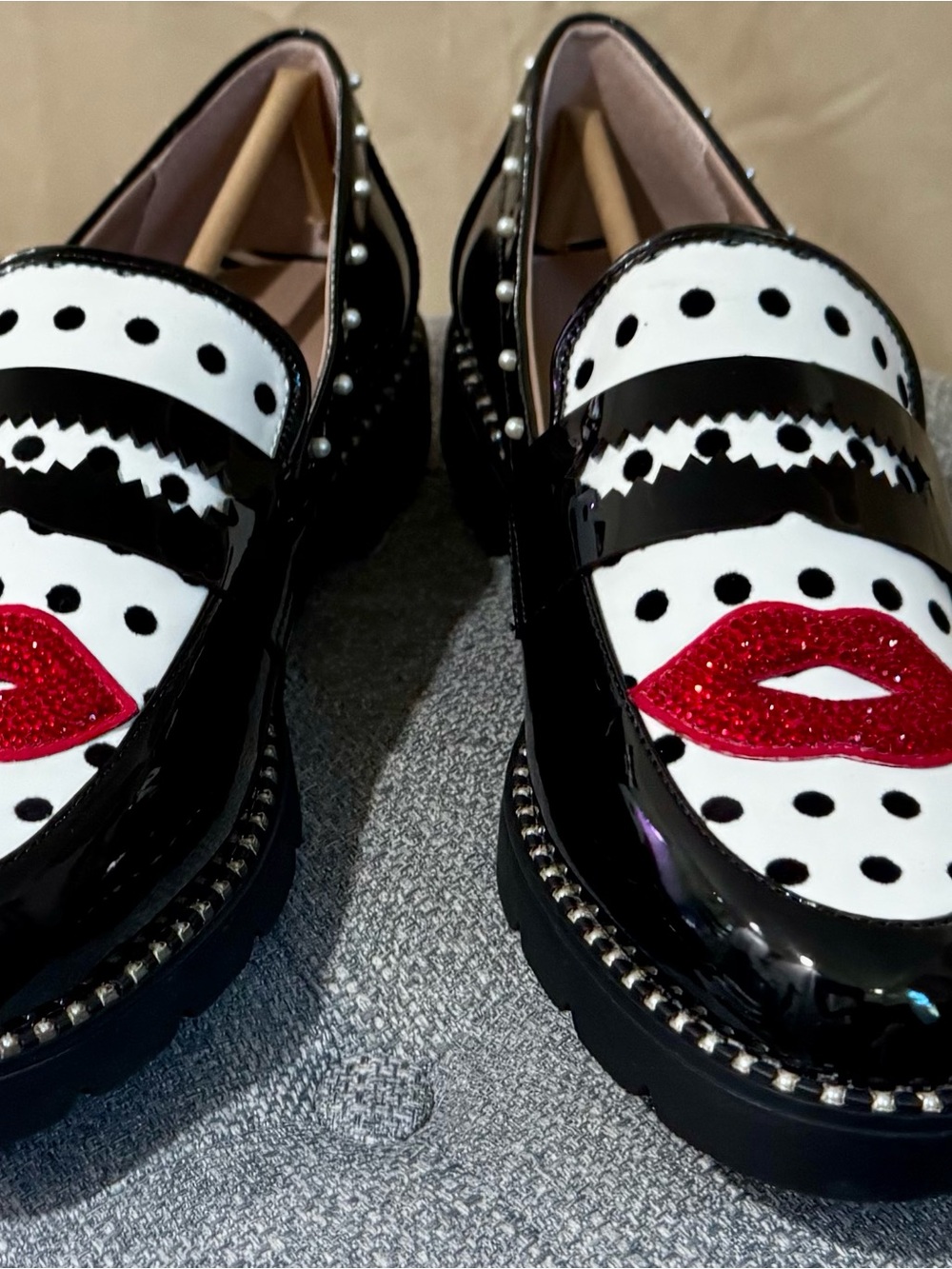 Betsey Johnson Black and White Polka Dot Loafers with Red Lip Accent